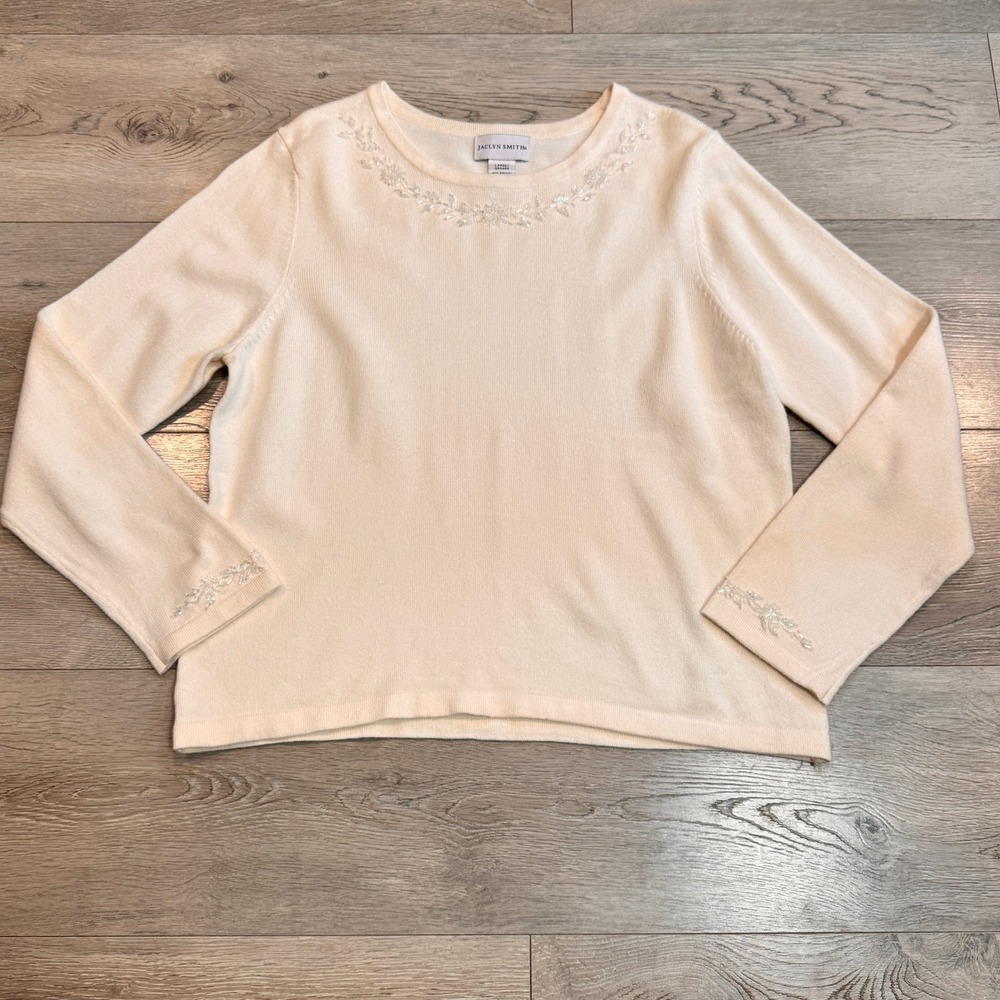 Jaclyn Smith Womens Cream Beaded Dressy Knit Sweater Size‎ Large L Pullover